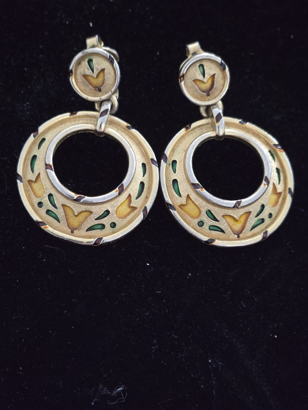 Vtg Pair Crown Trifari Yellow Tulip Enamel L'Orient Dangle Door Knocker Earrings